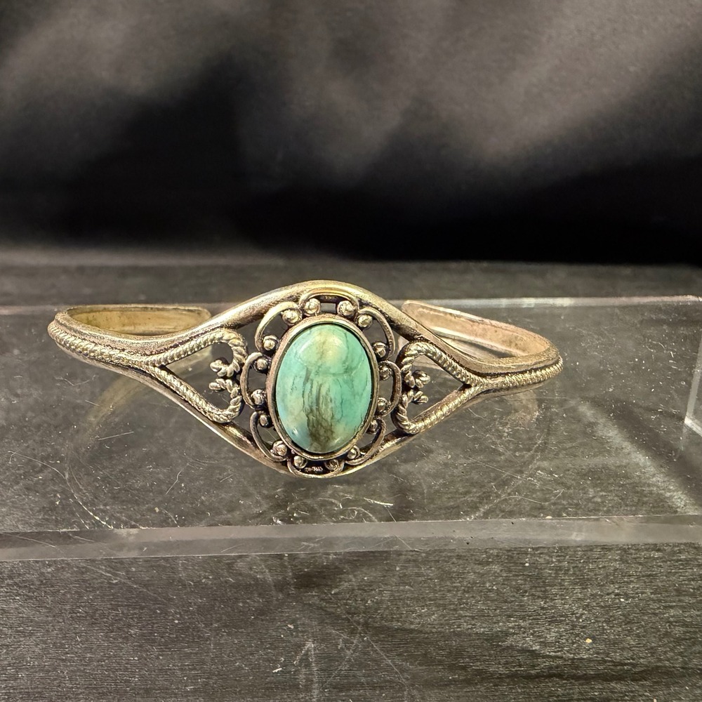 Vintage Turquoise Style Silver Tone Filigree Cuff Bracelet Antique Boho Jewelry